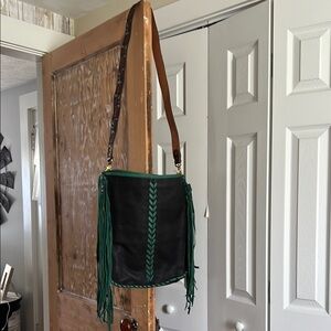 American Darling leather Black and Green Fringe crossbody Bag